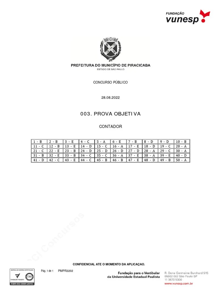 Gabarito Prova Vunesp | PDF