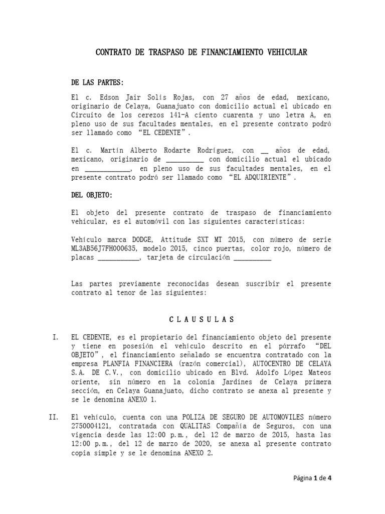Contrato Cesión De Derechos De Vehículo | PDF