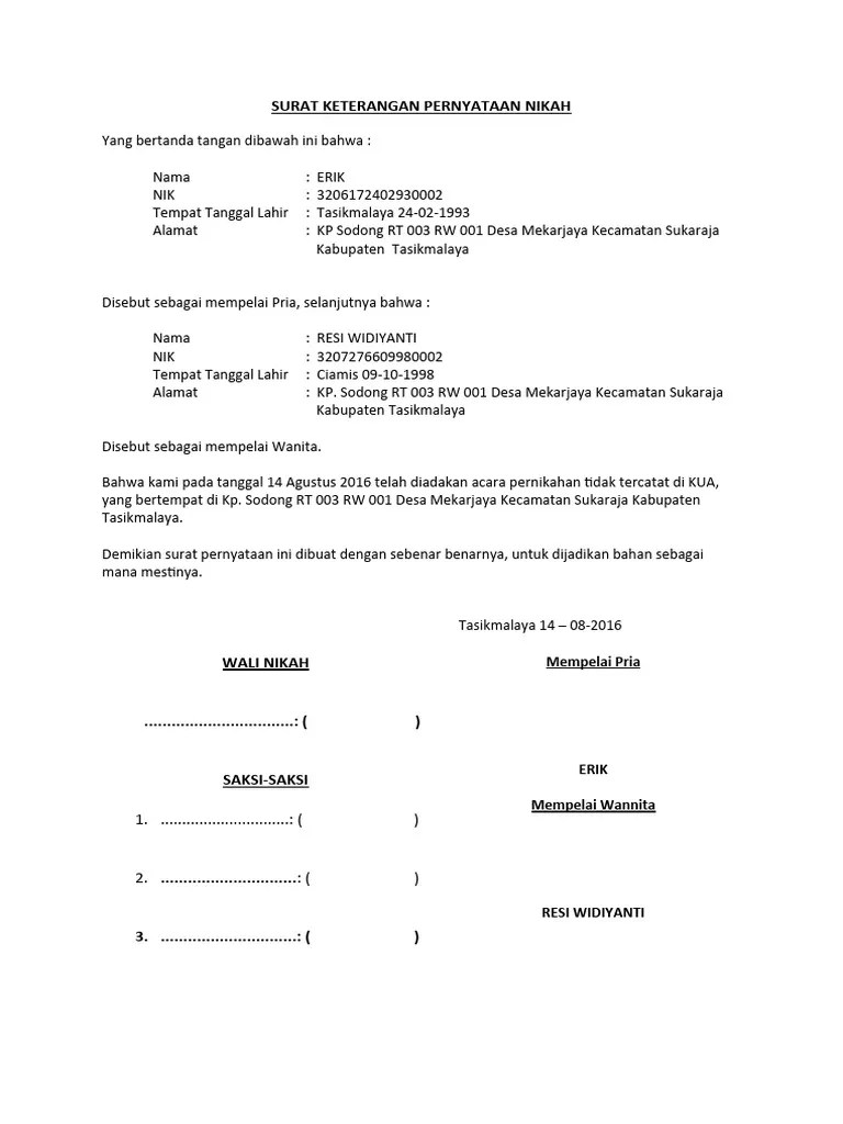 Surat Keterangan Pernyataan Nikah | PDF