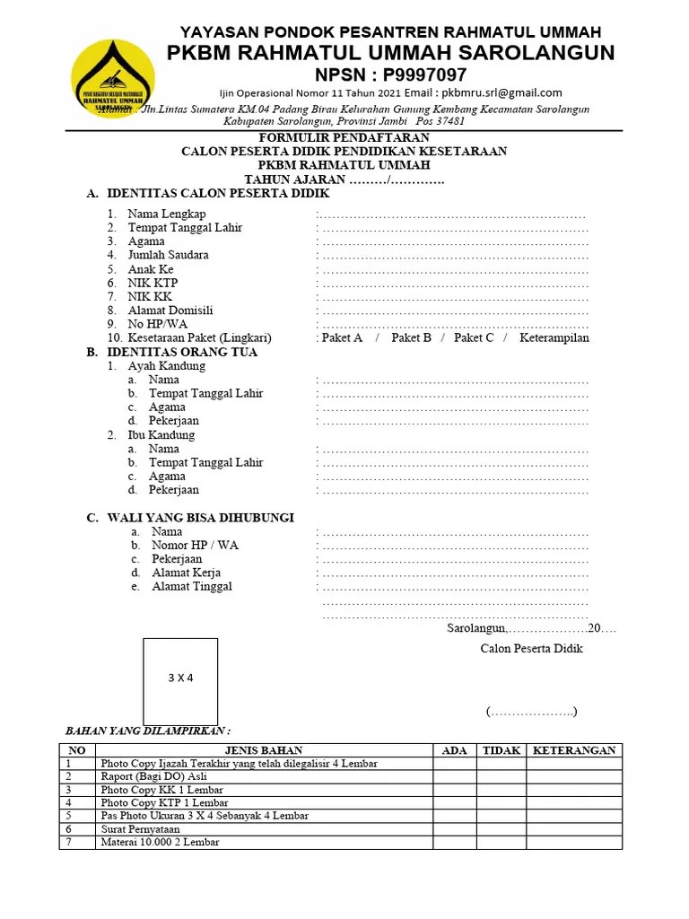 Formulir Pendaftaran Kesetaraan 2021 | PDF