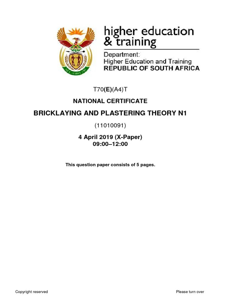 N1 Bricklaying And Plastering Theory April 2019 | PDF