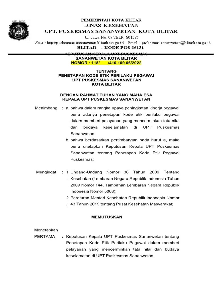 SK Penetapan Kode Etik Pegawai Puskesmas 2023 | PDF