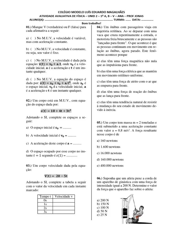 Atividade Avaliativa - Unidade2 - Física 1º Ano ANA, A, B - V | PDF