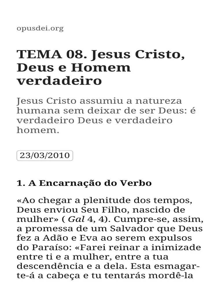 Tema 8 Jesus Cristo Deus E Homem Verdadeiro | PDF