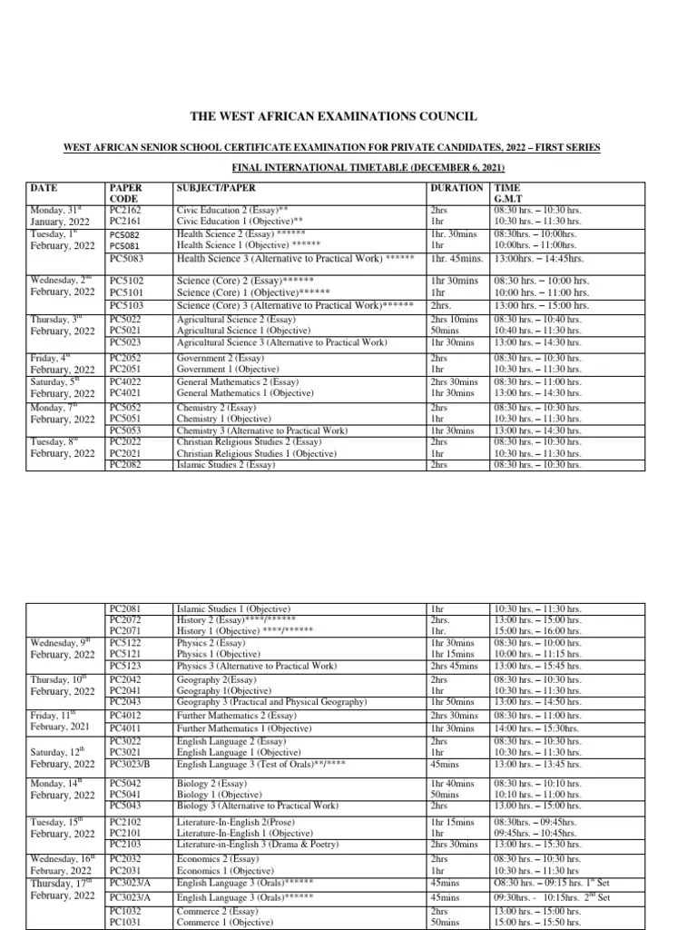 WAEC GCE TIMETABLE 1st Series O3schools | PDF | Social Science