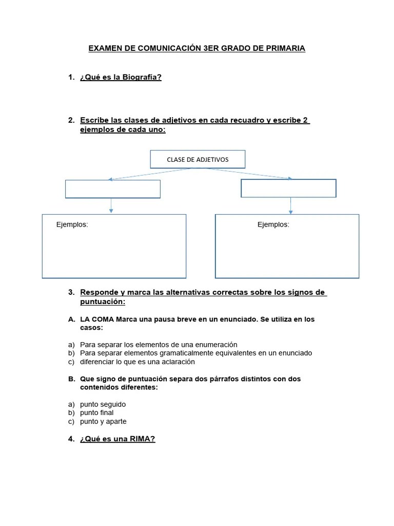 Examen De Comunicación 3er Grado De Primaria | PDF