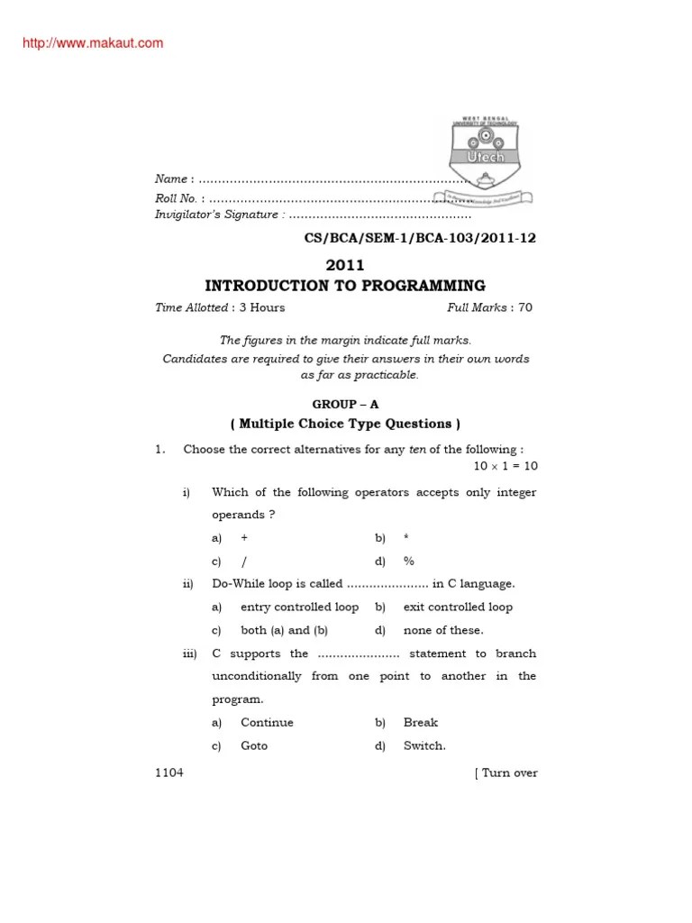 Bca Bca 103 Introduction To Programming 2011 | PDF | Pointer (Computer ...