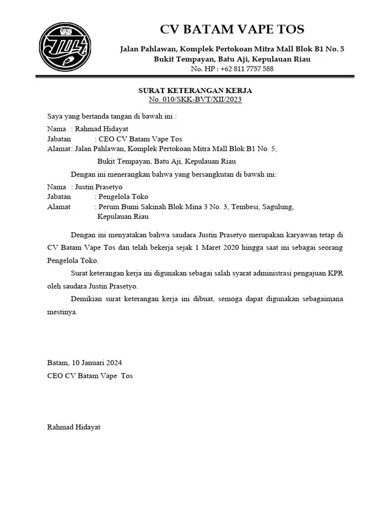 SURAT KETERANGAN KERJA | PDF