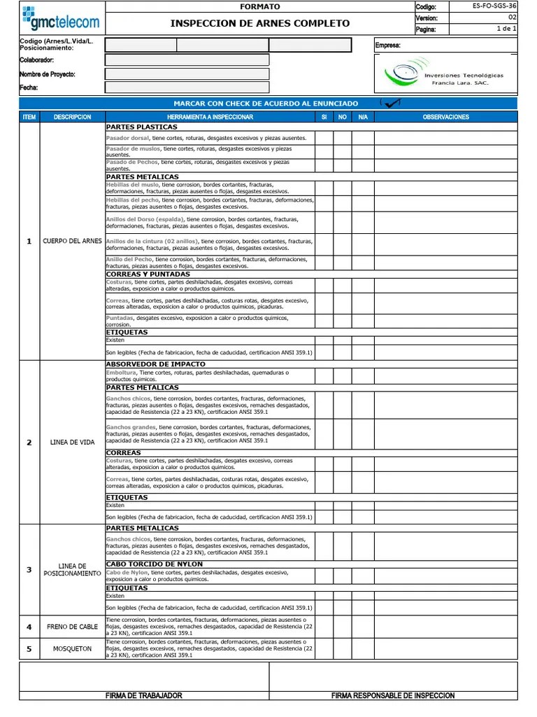 Inspeccion De Arnes Completo | Descargar Gratis PDF | Ingeniería De ...