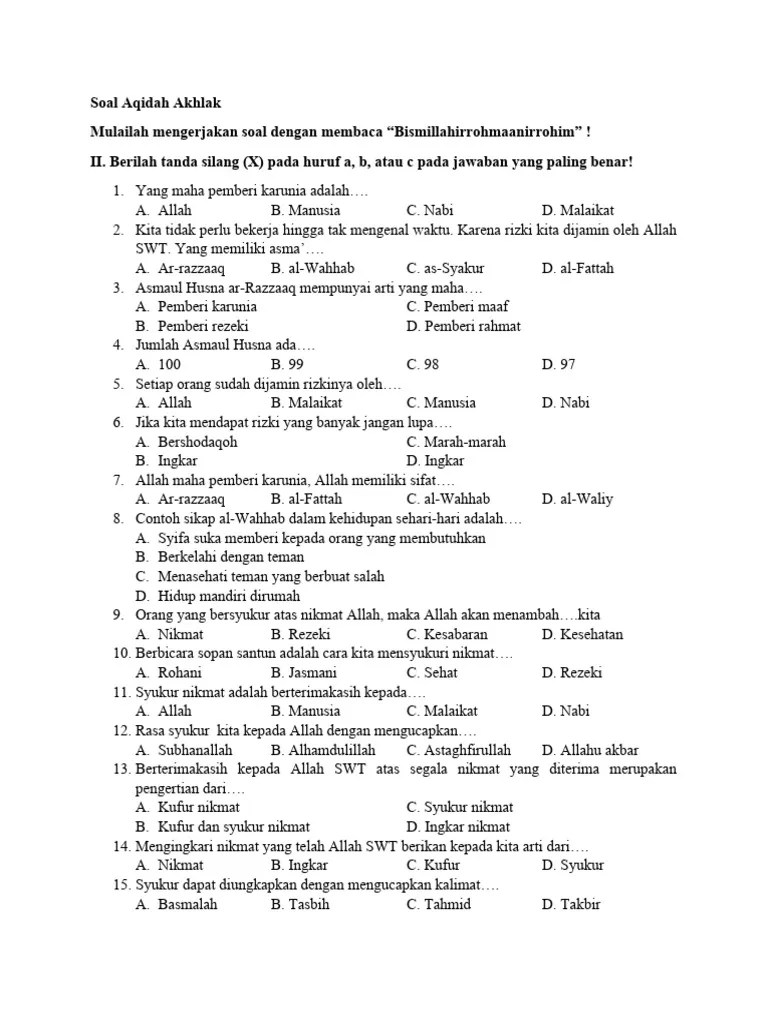 Soal Aqidah Akhlak Kelas 3 | PDF