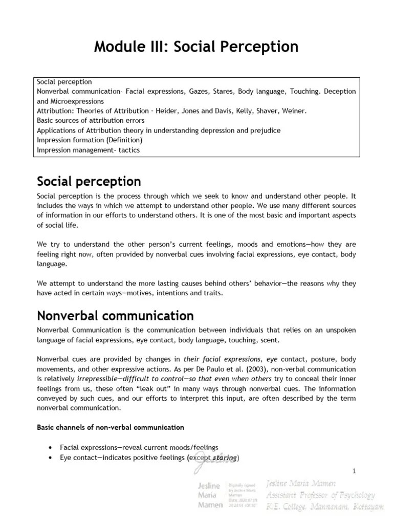 Module 3 - SOCIAL PERCEPTION | PDF | Nonverbal Communication | Facial Expression