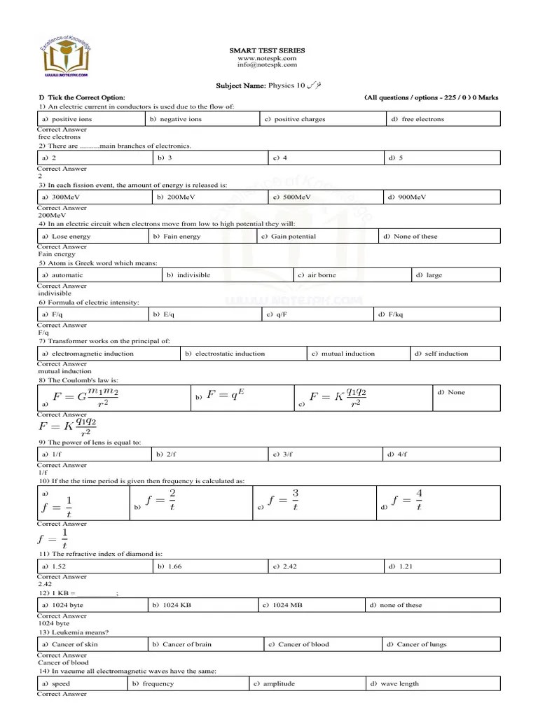 10th Physics Full Book SOLVED MCQS - Full Syllabus From Past Papers ...