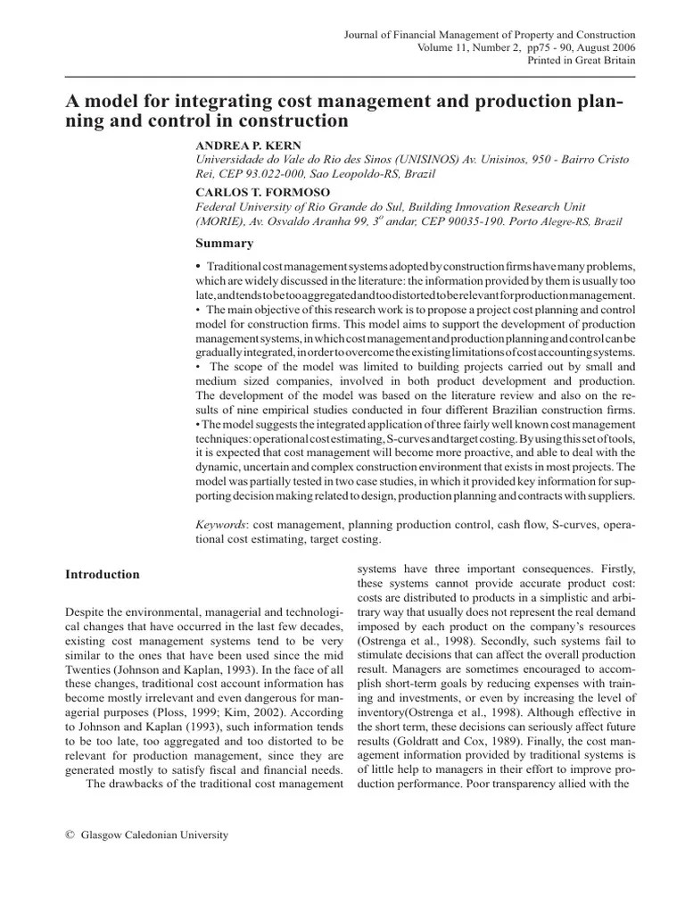 A Model For Integrating Cost Management And Production Planning And ...