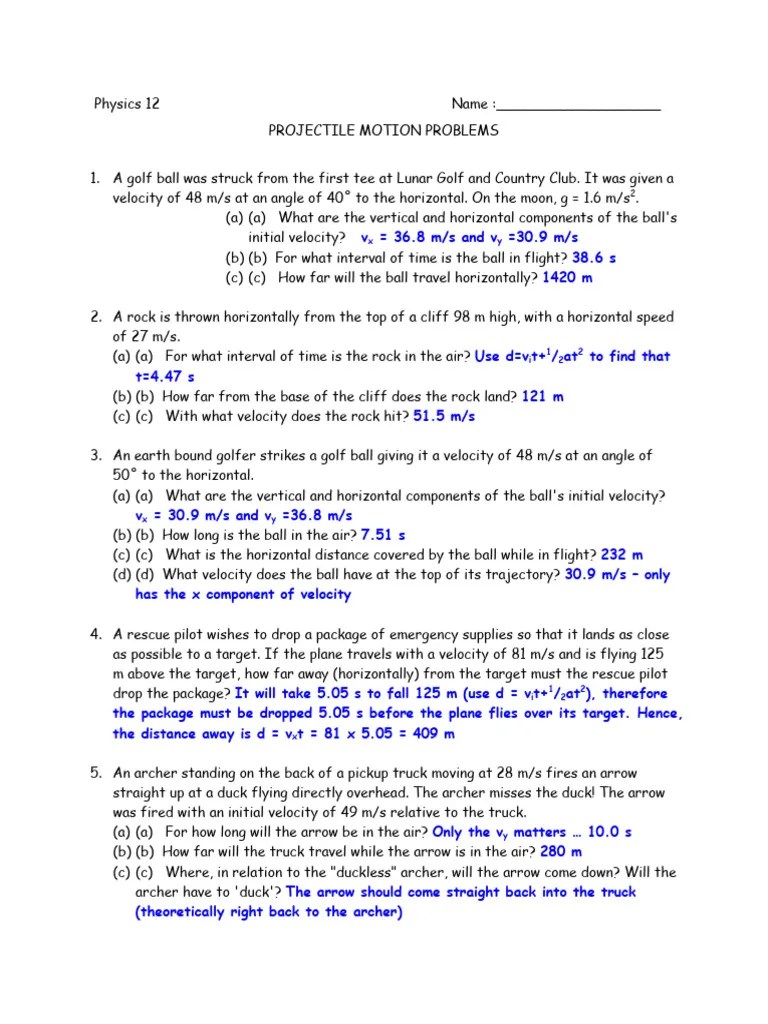 Projectile Motion WKSHT Key | Download Free PDF | Mechanics | Applied ...