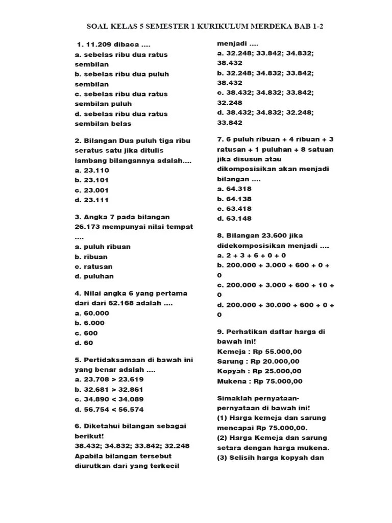 SOAL KELAS 5 SEMESTER 1 KURIKULUM MERDEKA BAB 1 | PDF