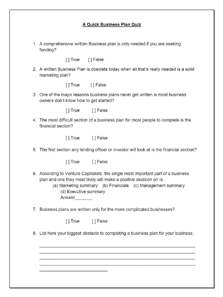 A Quick Business Plan Quiz A Comprehensive Written Business Plan | PDF