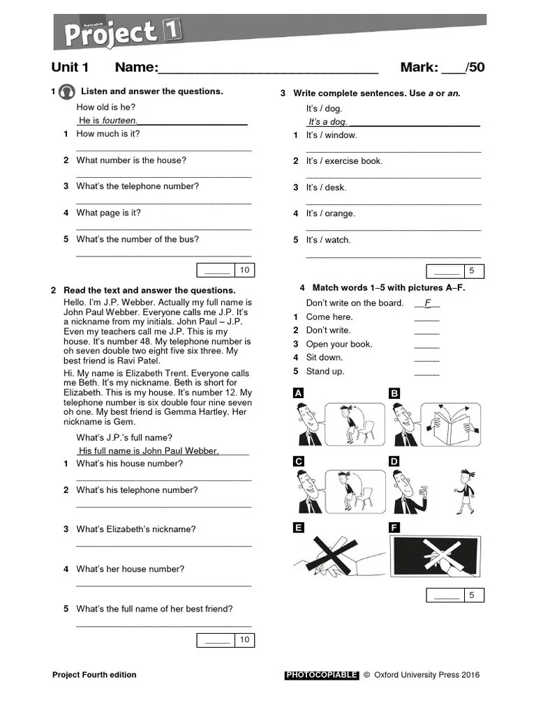 Project Fourth Edition Unit 1 Test Pdf