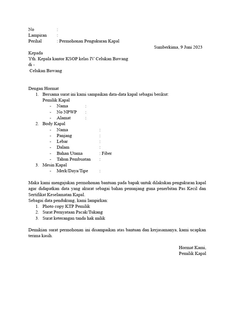 Format Surat Permohonan Pengukuran Kapal | PDF