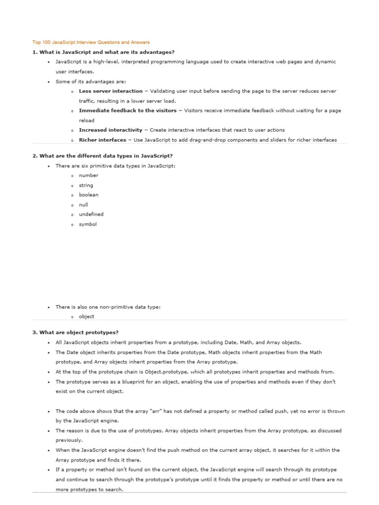 Top 100 JavaScript Interview Questions And Answers | PDF | Java Script | Scope (Computer Science)