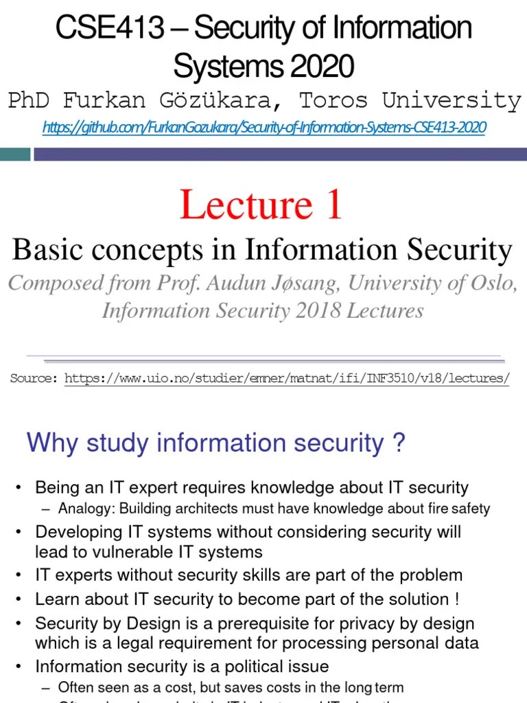 Lecture 1 - Basic Concepts In Information Security | PDF | Information ...