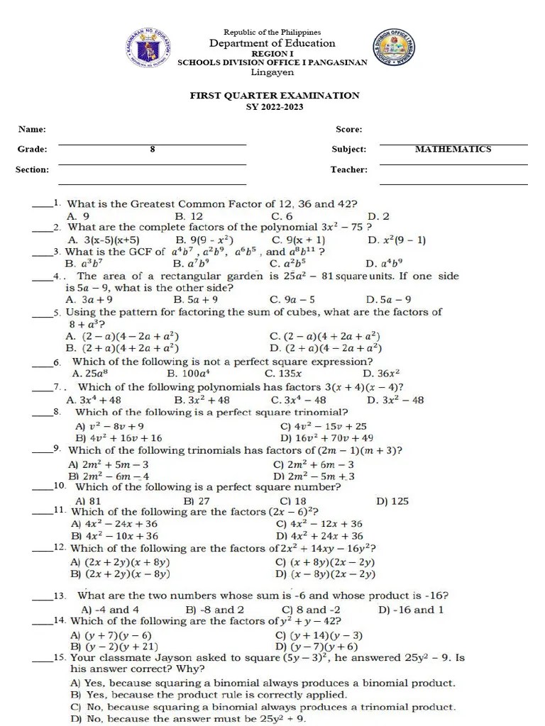 Quarter 1 Summative Test Grade 8 Math Unfinished Melcs | PDF | Science