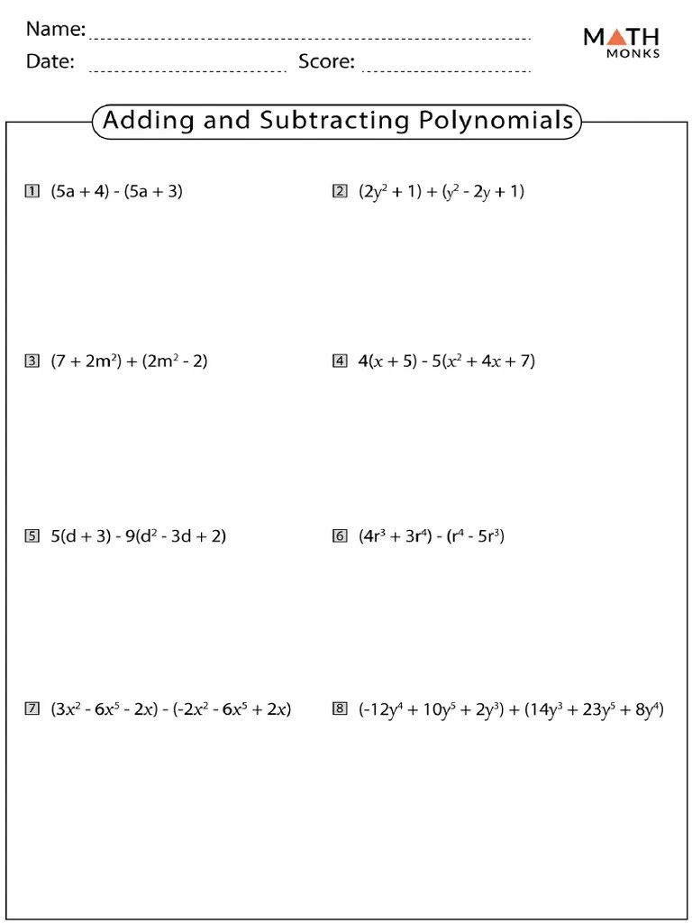 Adding And Subtracting Polynomials Worksheet | PDF