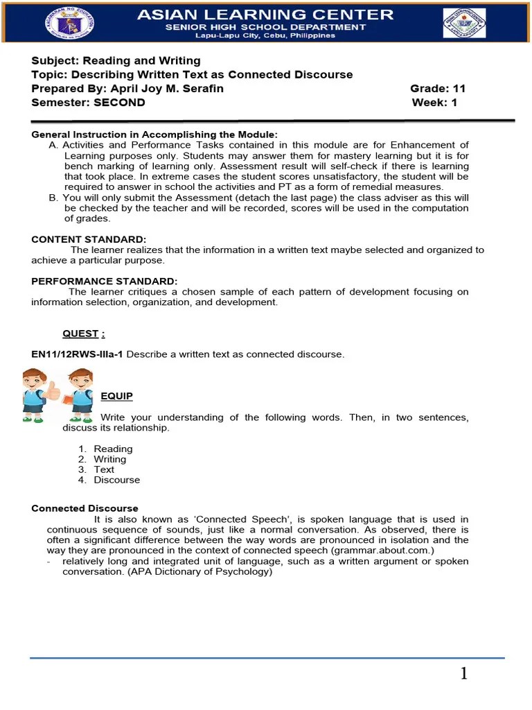 Week-1-Reading-And-Writing-Edited (April) | PDF | Discourse | Literacy