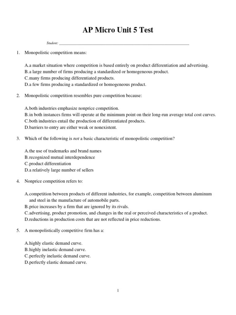 AP Micro Unit 5 Test | PDF | Oligopoly | Profit (Economics)