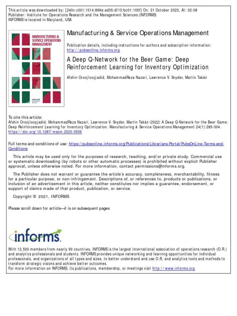 Oroojlooyjadid Et Al 2021 A Deep Q Network For The Beer Game Deep ...