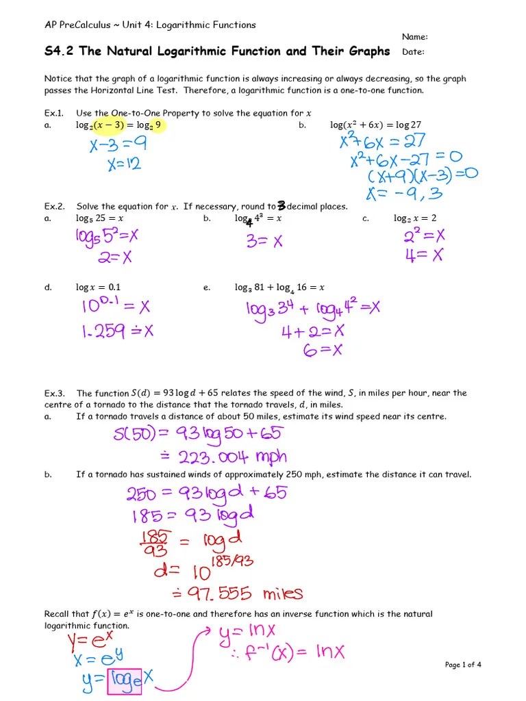 S4.2 The Natural Logarithmic Function And Their Graphs Sol | PDF