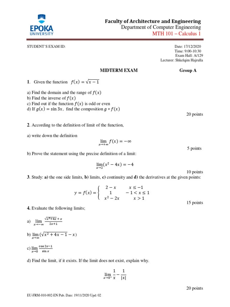 Calculus Midterm | PDF | Function (Mathematics) | Logic