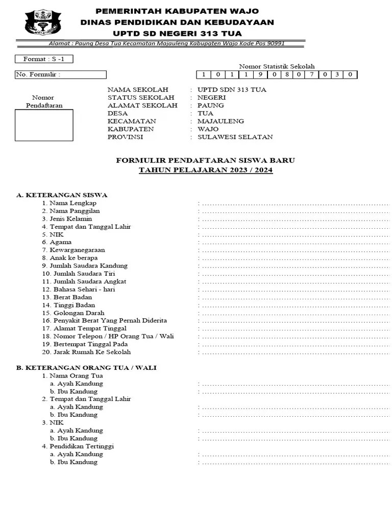 Formulir Pendaftaran Siswa Baru2023 | PDF