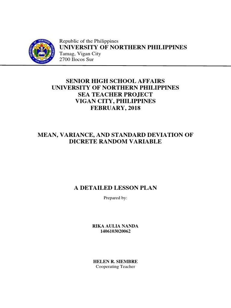 Detail-Lesson-Plan MEAN VARIANCE & SD OF DISCRETE RANDOM VARIABLE | PDF ...