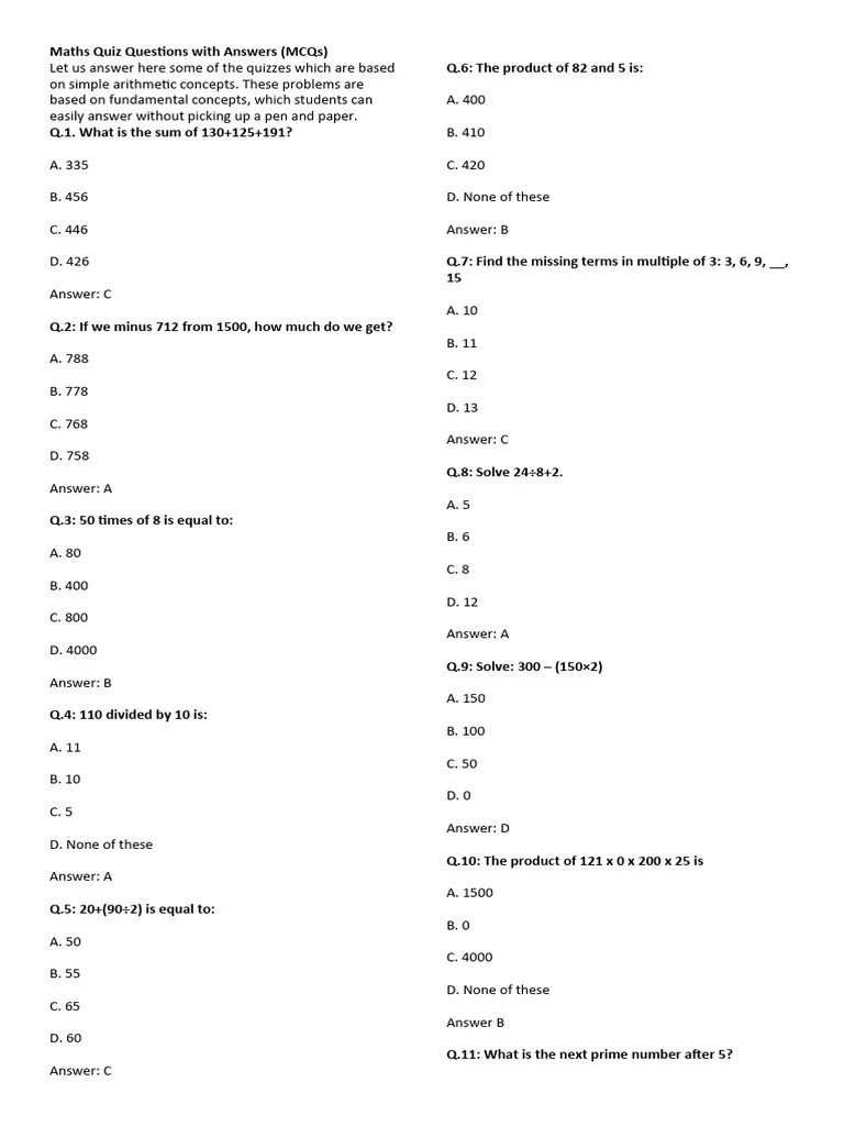 Maths Quiz Questions With Answers | PDF | Geometry | Geometric Shapes