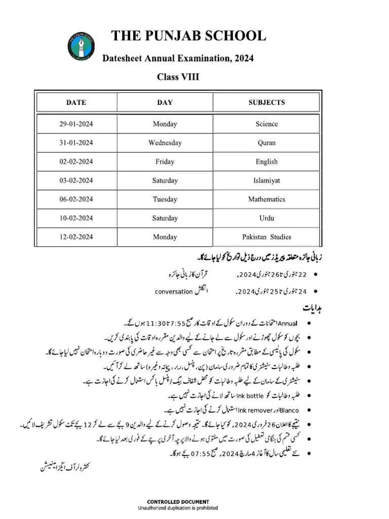 Class 8 Syllabus & Datesheet | PDF