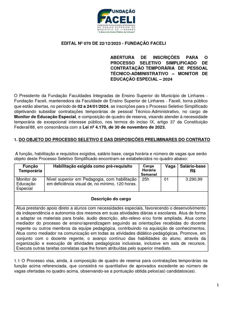 EDITAL 070 2023 Processo Seletivo Simplificado De Contratacao ...