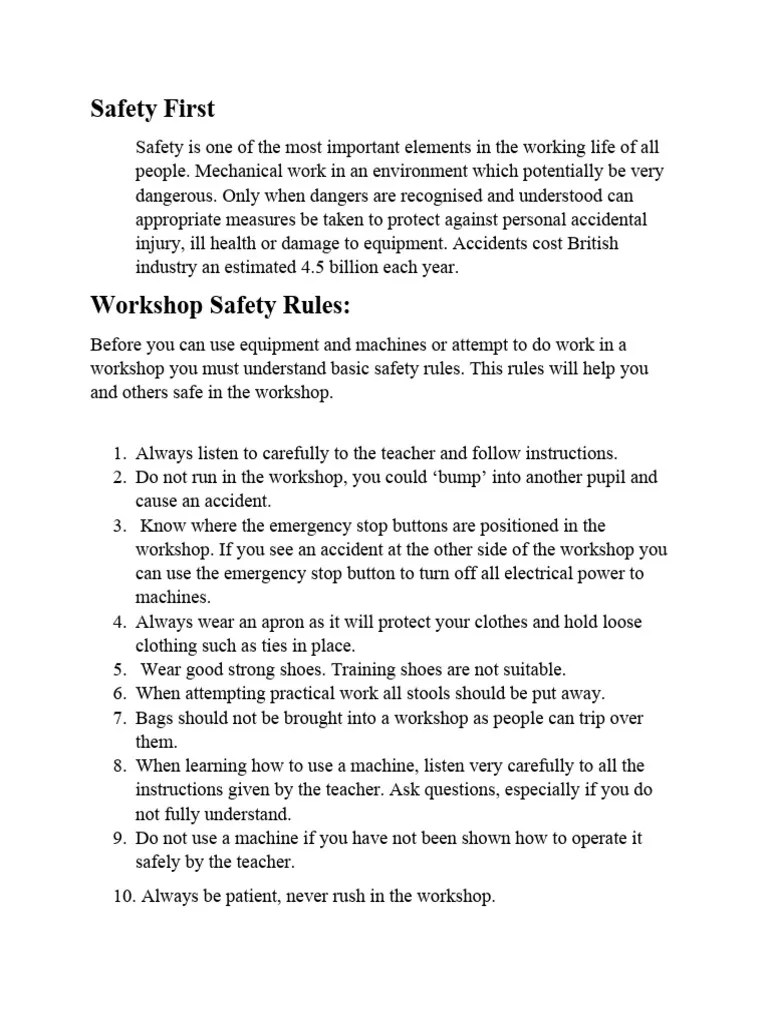 Safety And Regulations In The Workshop | PDF | Safety | Clothing