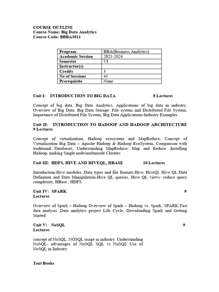 BIG DATA ANALYTICS - Syllabus | PDF | Big Data | Apache Hadoop