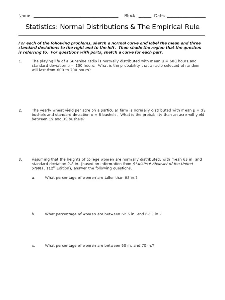 Given an approximately normal distribution with a mean of 159 and a standard deviation of 70. Worksheet Normal Distributions Pdf Normal Distribution Standard Deviation