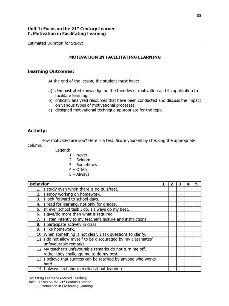Unit 1 - C Module Facilitating Learning Motivation | PDF | Motivational ...