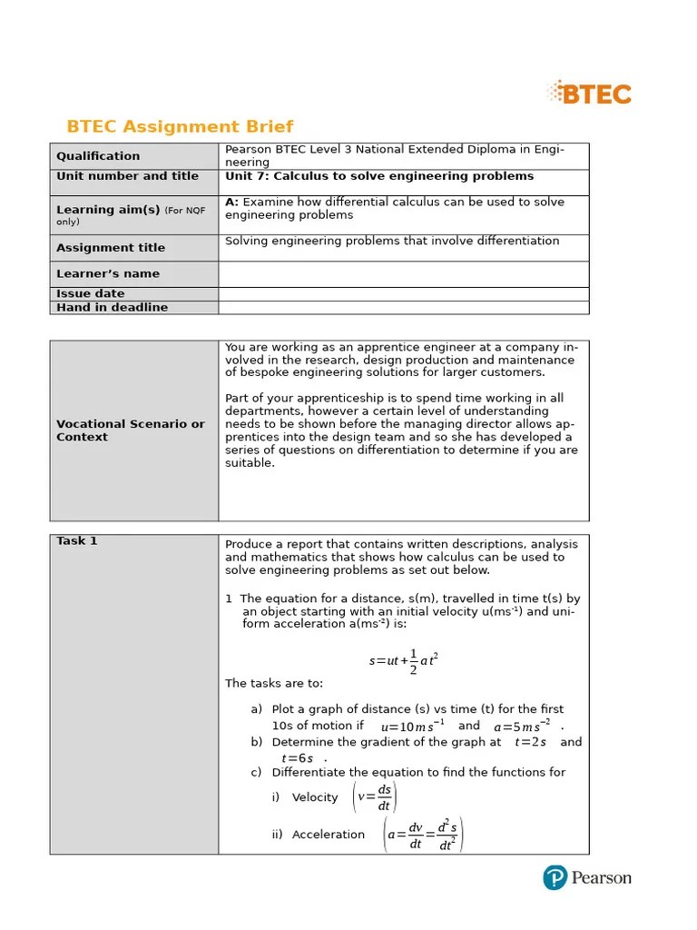 Assignment Brief For Learning Aim A Unit 7 Calculus To Solve Engineering Problems | PDF ...