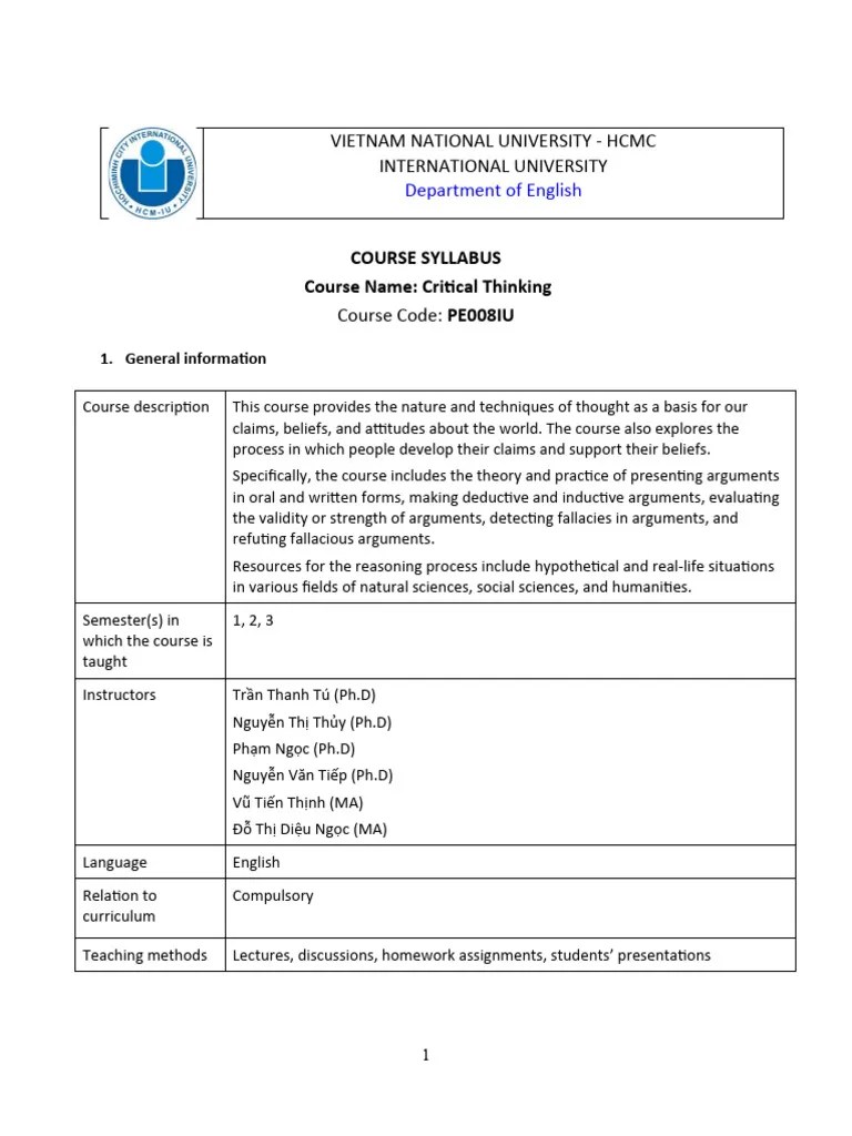 PE008IU Critical Thinking Syllabus - Semester 1 - 2022 | Download Free ...