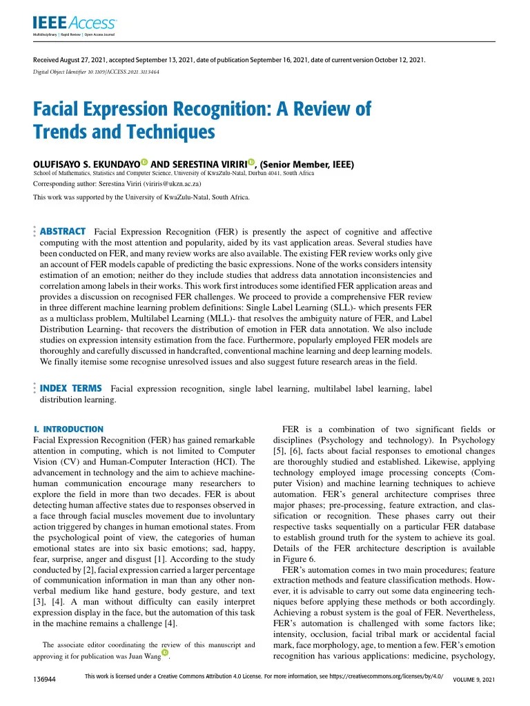 Facial Expression Recognition A Review Of Trends And Techniques | PDF ...