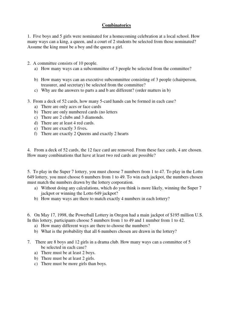 Combinatorics Worksheet | PDF | Lottery | Gambling