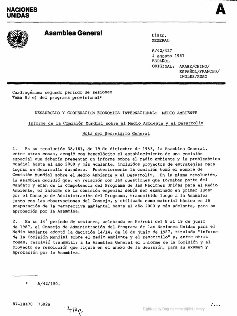 ONU - 1987 Informe Brundtland Nuestro Futuro Comun Cap 1 | Descargar Gratis PDF | Naciones ...