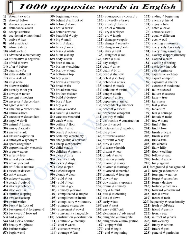 1000 Opposite Words In English | PDF