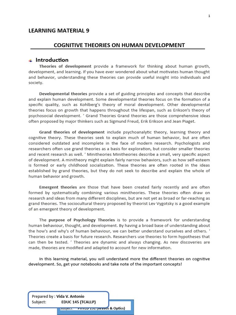 Learning Material 9. Cognitive Theories On Human Development | PDF ...