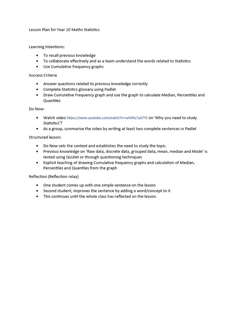 Lesson Plan For Year 10 Maths Statistics | PDF | Career & Growth ...
