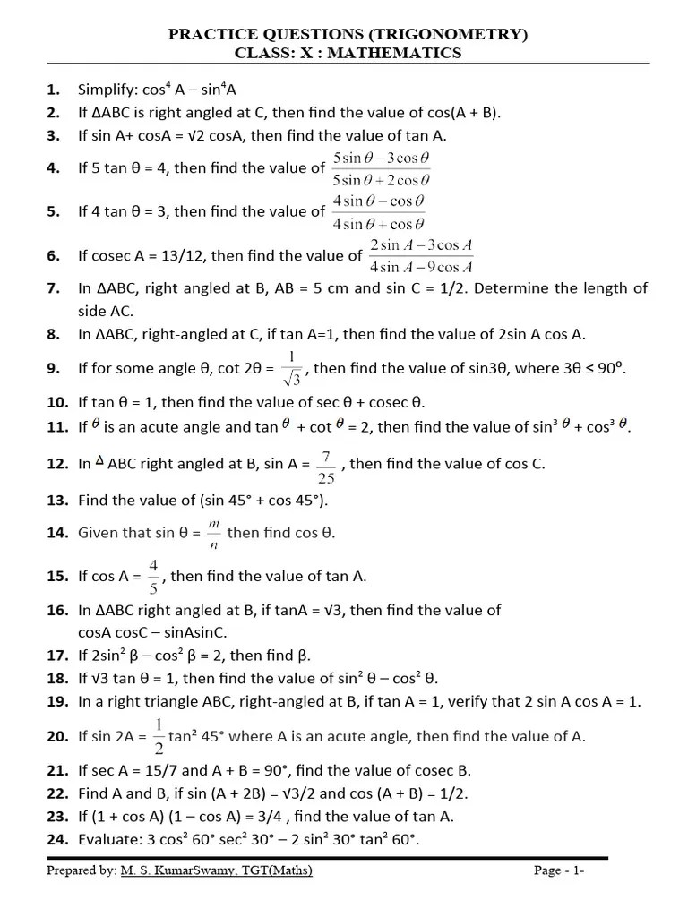 Practice Questions Trigonometry Class X | PDF | Trigonometric Functions | Trigonometry