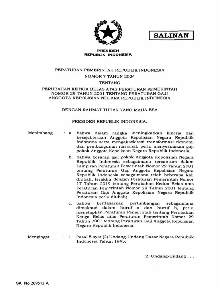 Salinan PP Nomor 7 Tahun 2024 GAJI POLRI | PDF